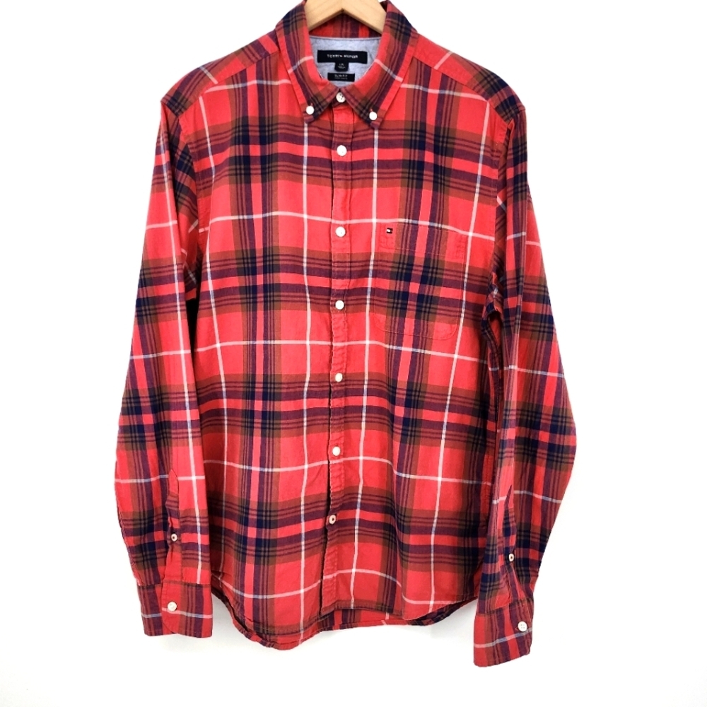 Tommy Hilfiger Mens Button Down Shirt Size L Red‎ Plaid Slim Fit Classic Preppy